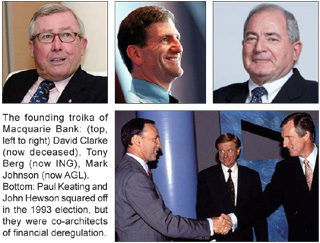 The founding troika of Macquarie Bank: (top, left to right) David Clarke (now deceased), Tony Berg (now ING), Mark Johnson (now AGL). Bottom: Paul Keating and John Hewson squared off in the 1993 election, but they were co-architects of financial deregulation.