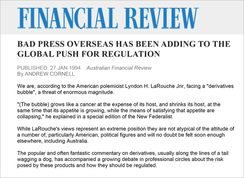 AFR cites LaRouche on derivatives